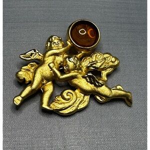 Vintage Cherubs with Gemstone Eyes & Baltic Amber Signed LS Brooch Pin